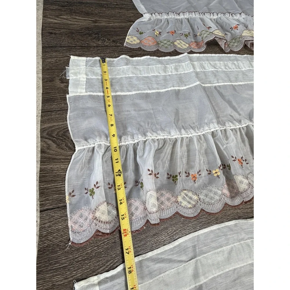 Embroidered Sheer Café Tier Curtains 17pc White Floral‎ Scalloped Country Set